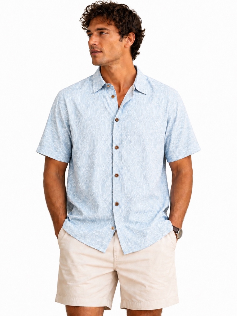 NWT! Rhythm Gleam Linen Blend Geometric Shirt In Sea Foam Men’s Size Large